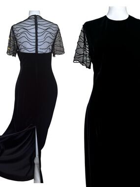 Vintage 90s Donna Morgan Black Velvet Maxi Dress with Sheer Beaded Yoke